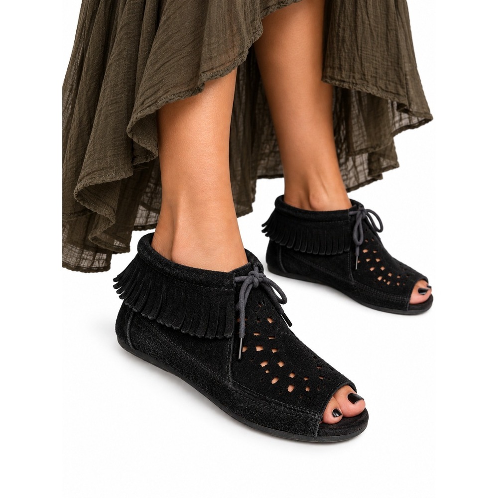 Minnetonka Black Suede Peep Toe Fringe Moccasins Women's 9 Boho 6070